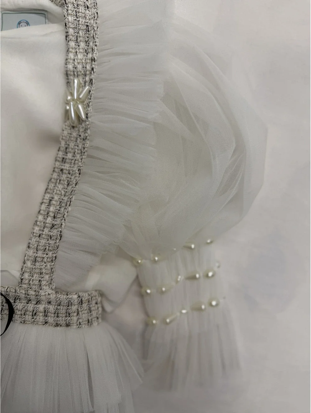 Petite Maison Kids White Tulle and Tweed Dress with Pearl Details and Black Bow